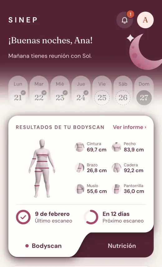 Resultados del Bodyscan: el modelo 3D del cuerpo con las medidas de cintura, pecho, brazo, cadera, muslo y pantorrilla.